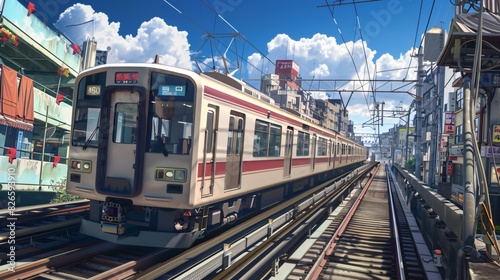 Japanese City Subway with Urban Background, Blue Sky, and Outdoor Setting, Featuring Tracks Running and Subway in Motion, Ideal for Urban Transportation and Cityscape Illustrations. © Nene