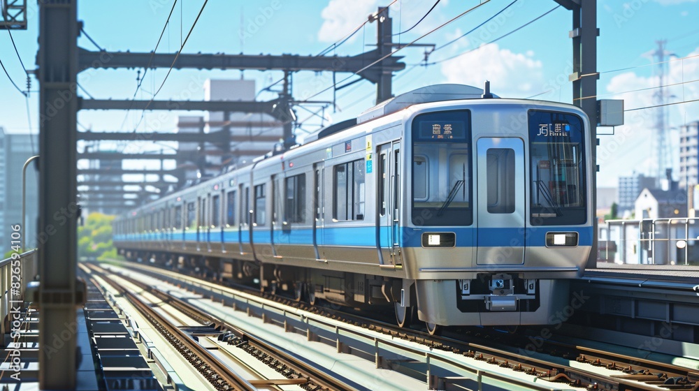 Japanese City Subway with Urban Background, Blue Sky, and Outdoor Setting, Featuring Tracks Running and Subway in Motion, Ideal for Urban Transportation and Cityscape Illustrations.