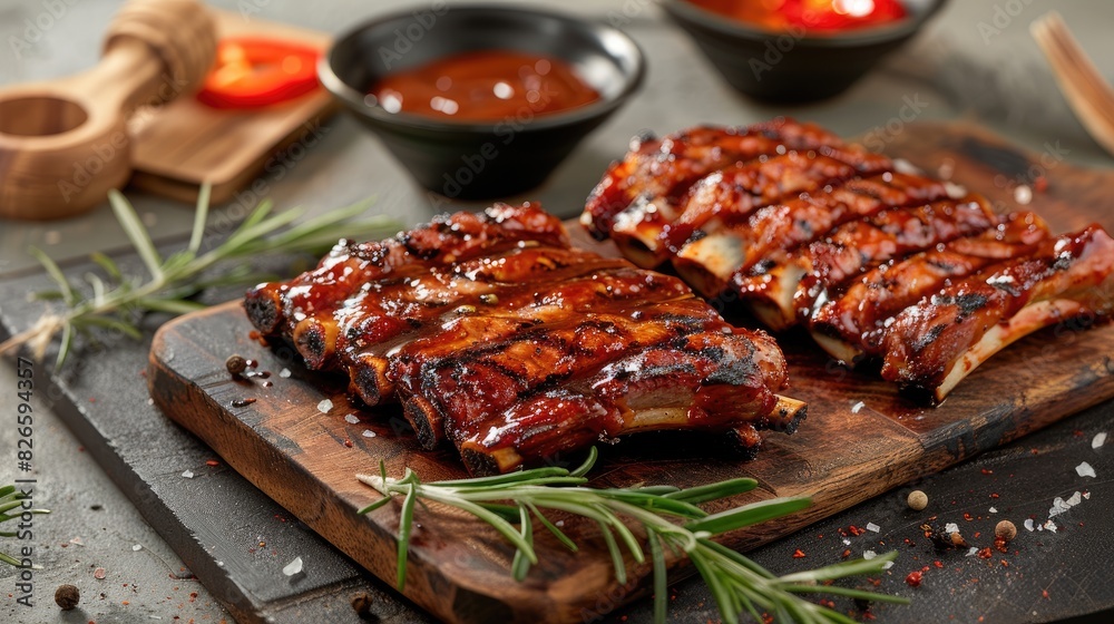 Grilled pork ribs with smoky flavors accompanied by BBQ sauce and fragrant rosemary