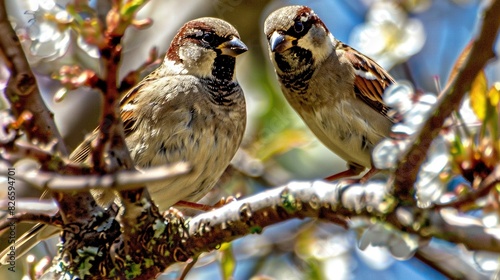   A pair of birds perched on a tree limb in front of a blue sky