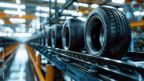 Black tires on the production line in the car workshop with a blurred background. Background for a banner, poster or presentation. Car service concept. High quality.