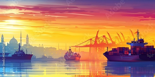 Illustration of a busy port with cargo ships loading and unloading goods. Concept Port Illustration, Cargo Ships, Loading and Unloading, Goods Transportation photo