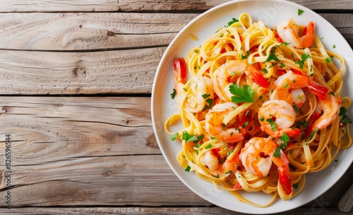Plate of pasta with shrimps on a wooden table, top view.