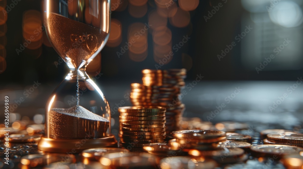 Time Coin Time and money concept showcased with an hourglass and stacks of coins ...
