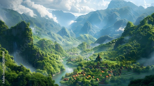 Serene Verdant Valley Nestled Among Towering Mountain Peaks with Flowing River and Quaint Village