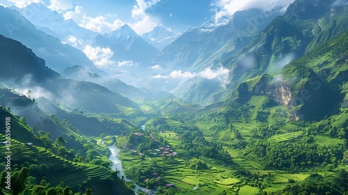 Towering Mountain Peaks Surround a Lush Verdant Valley with a Quaint Village and Serene River