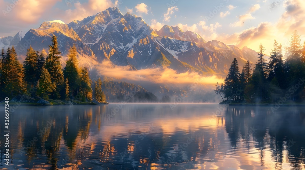 Majestic Snow Capped Mountain Peaks Reflecting in Tranquil Alpine Lake at Sunrise