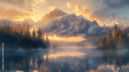 Majestic Mountain Landscape with Tranquil Lake and Golden Sunrise Reflection