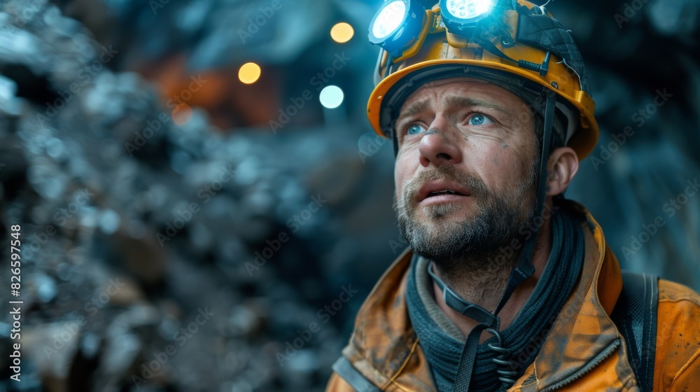 Fototapeta premium Portrait of miner in safety uniform, hardhat and lamp standing inside underground mine and checking ore production