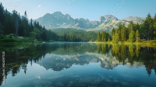 Serene Mountain Lake with Reflection of Jagged Peaks and Surrounding Dense Forest in Early Morning Light