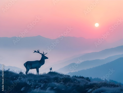 Majestic Deer Silhouette at Misty Mountain Sunrise with Serene Landscape