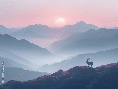 Serene Misty Mountain Morning with Lone Deer in Scenic Landscape