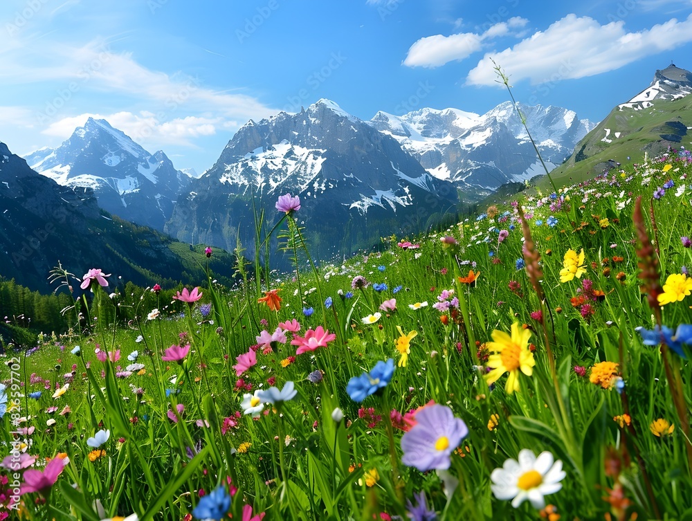 Fototapeta premium Breathtaking Alpine Meadow with Vibrant Wildflowers and Majestic Snow Capped Mountains