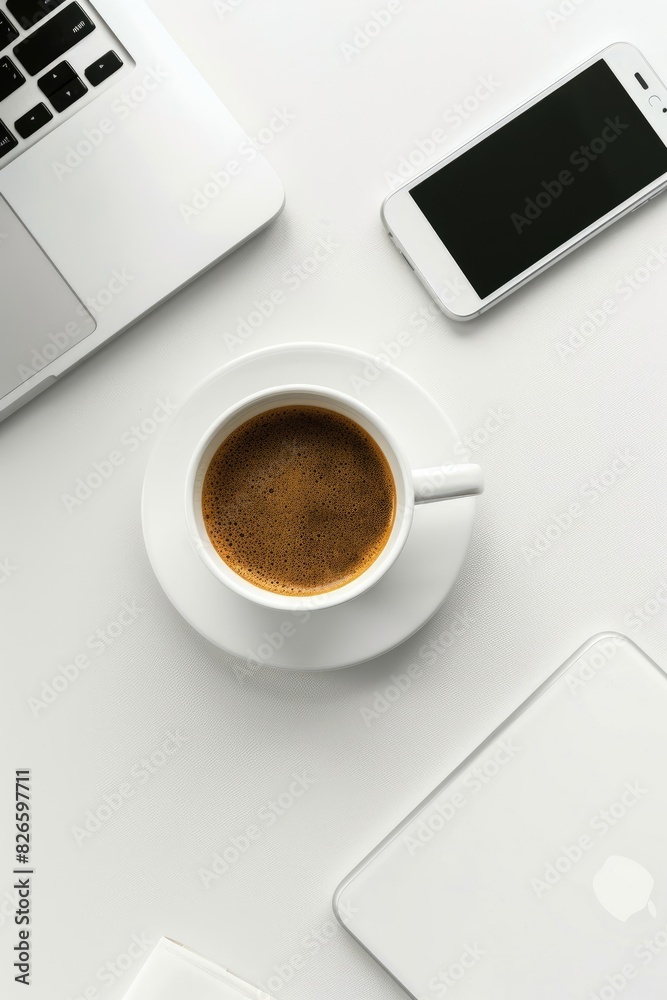 Flat lay of a tech setup with a laptop, smartphone, and coffee, ample empty space on one side for text Flat lay of a tech setup with a laptop, smartphone, and coffee, ample empty space on one side for text