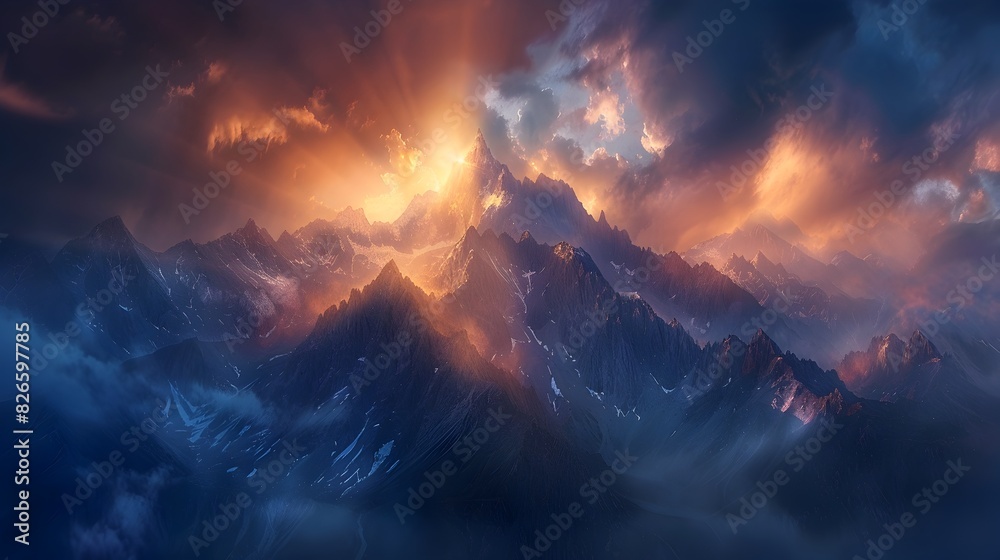 Majestic Mountain Landscape with Dramatic Stormy Sky and Rays of Light Breaking Through