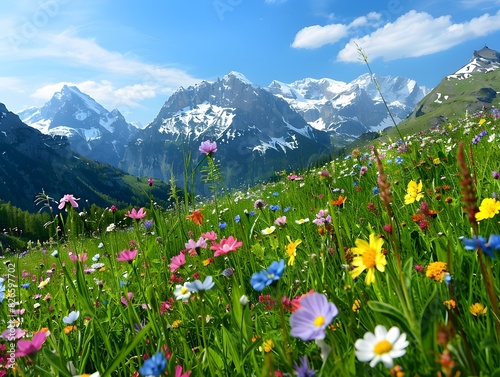 Breathtaking Alpine Meadow with Vibrant Wildflowers and Majestic Snow Capped Mountains