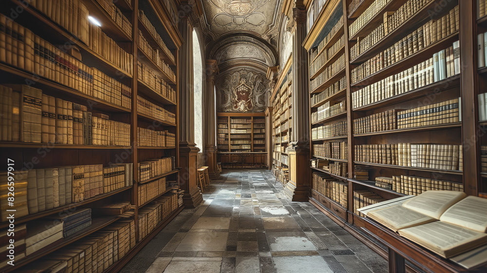 beautifully preserved Renaissance library with ancient manuscripts and books