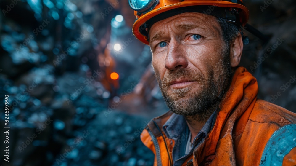 Portrait of miner in safety uniform, hardhat and lamp standing inside underground mine and checking ore production Portrait of miner in safety uniform, hardhat and lamp standing inside underground mine and checking ore production
