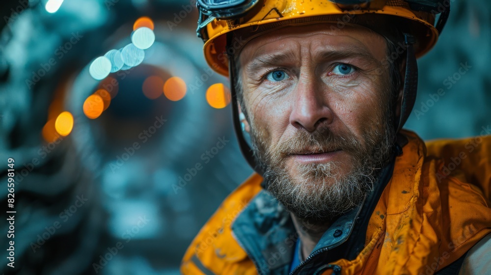 Fototapeta premium Portrait of miner in safety uniform, hardhat and lamp standing inside underground mine and checking ore production