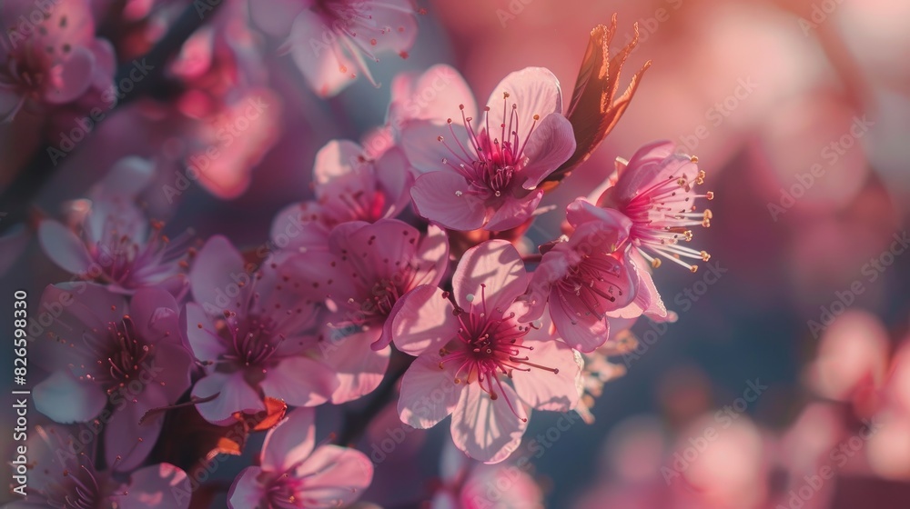 Close up view of pink cherry blossom flowers