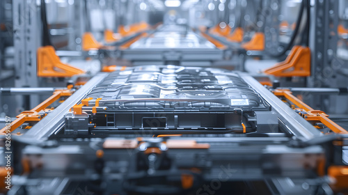 Close-up of a manufacturing line for mass-producing electric vehicle batteries. 