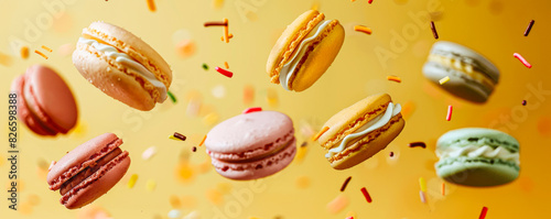 Clean yellow background with colorful macarons falling, surrounded by vibrant sprinkles.