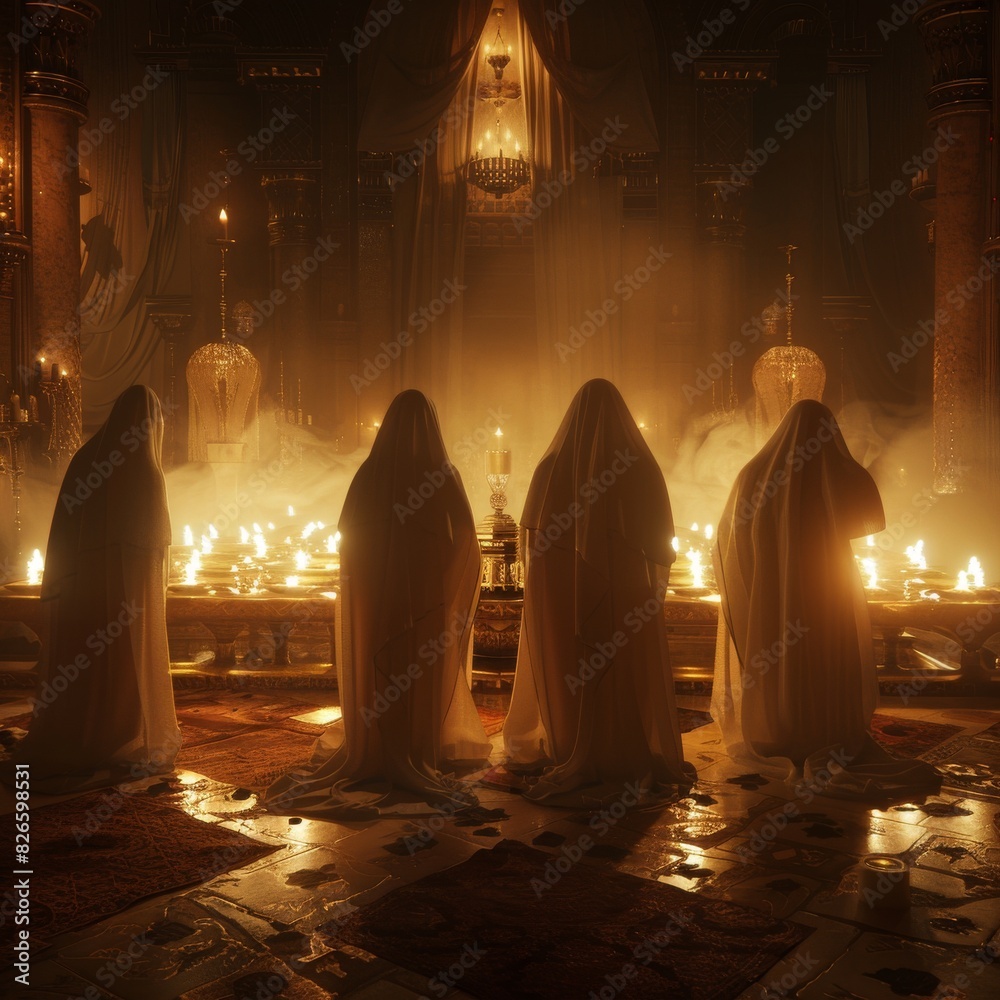 The dark figures in white robes stand in the candlelit room. The dark figures in white robes stand in the candlelit room.