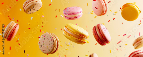 Yellow backdrop with colorful macarons and sprinkles, ideal for visual resources.