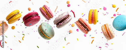 Vibrant white background with copy space featuring colorful macarons and sprinkles falling.