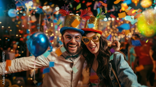 Couple wearing silly costumes and making funny faces at a masquerade ball