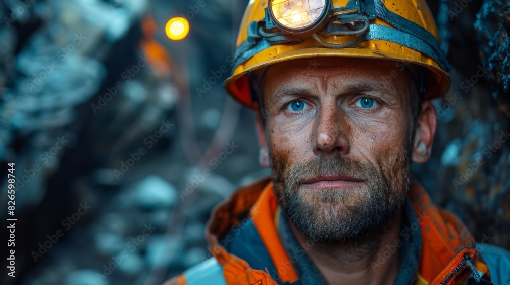 Fototapeta premium Portrait of miner in safety uniform, hardhat and lamp standing inside underground mine and checking ore production