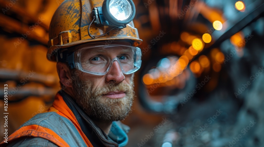 Fototapeta premium Portrait of miner in safety uniform, hardhat and lamp standing inside underground mine and checking ore production