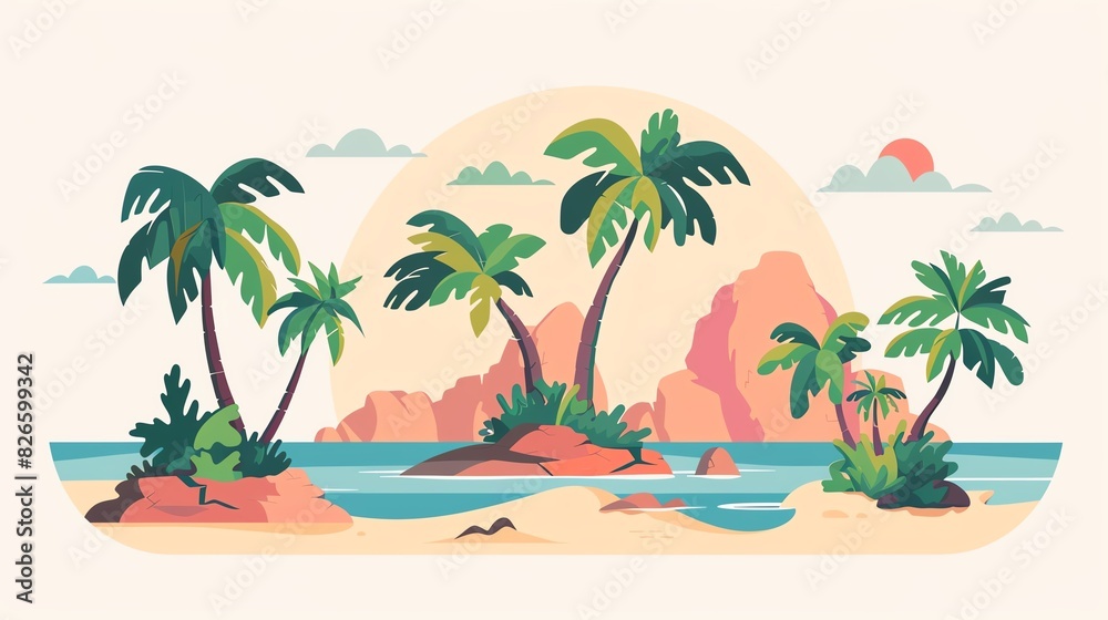 Scenic tropical island with palm trees and tranquil ocean waves at sunset, evoking relaxation and paradise vibes. Scenic tropical island with palm trees and tranquil ocean waves at sunset, evoking relaxation and paradise vibes.