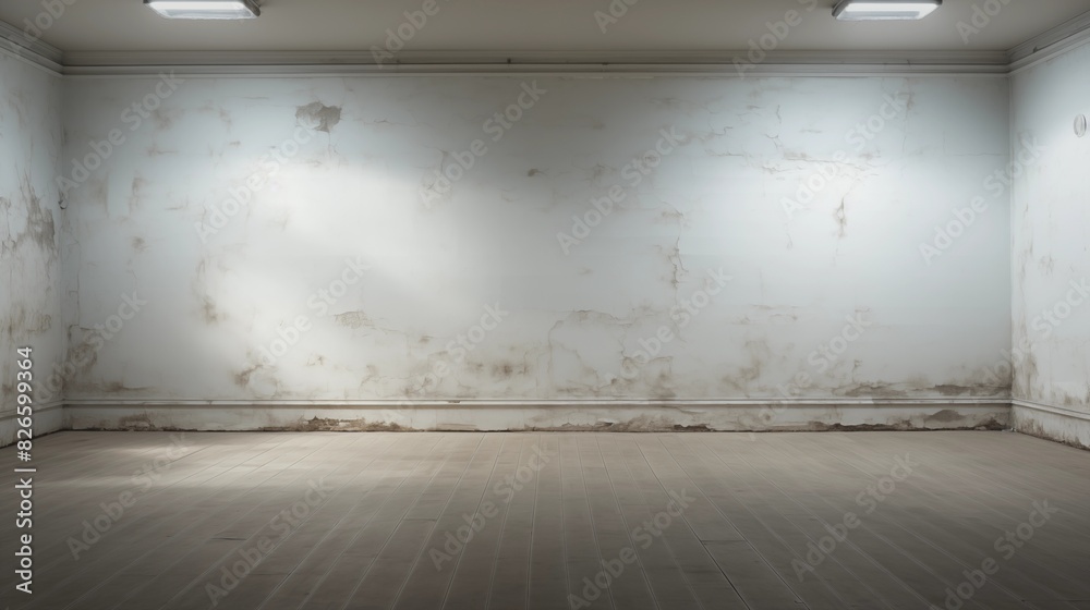 Empty Room with Aged and Stained Walls, High Ceiling, and Tiled Floor Empty Room with Aged and Stained Walls, High Ceiling, and Tiled Floor