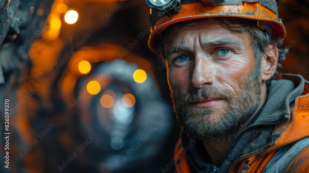 Portrait of miner in safety uniform, hardhat and lamp standing inside underground mine and checking ore production Portrait of miner in safety uniform, hardhat and lamp standing inside underground mine and checking ore production