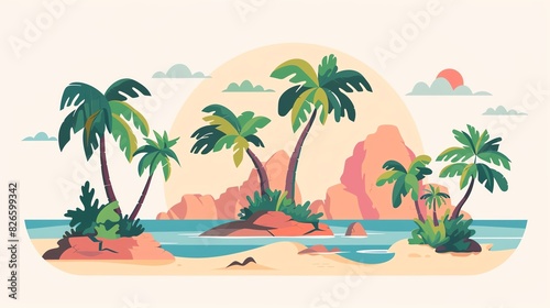 Scenic tropical island with palm trees and tranquil ocean waves at sunset  evoking relaxation and paradise vibes.