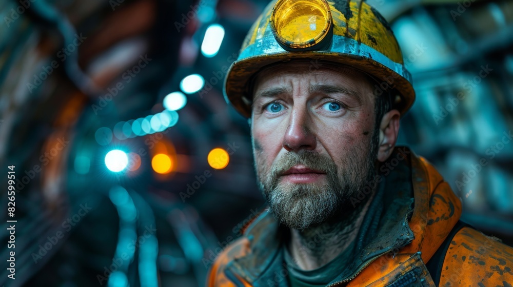 Portrait of miner in safety uniform, hardhat and lamp standing inside underground mine and checking ore production Portrait of miner in safety uniform, hardhat and lamp standing inside underground mine and checking ore production