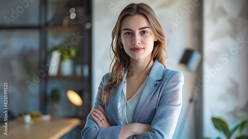 Confident businesswoman standing with arms crossed in modern office. photo