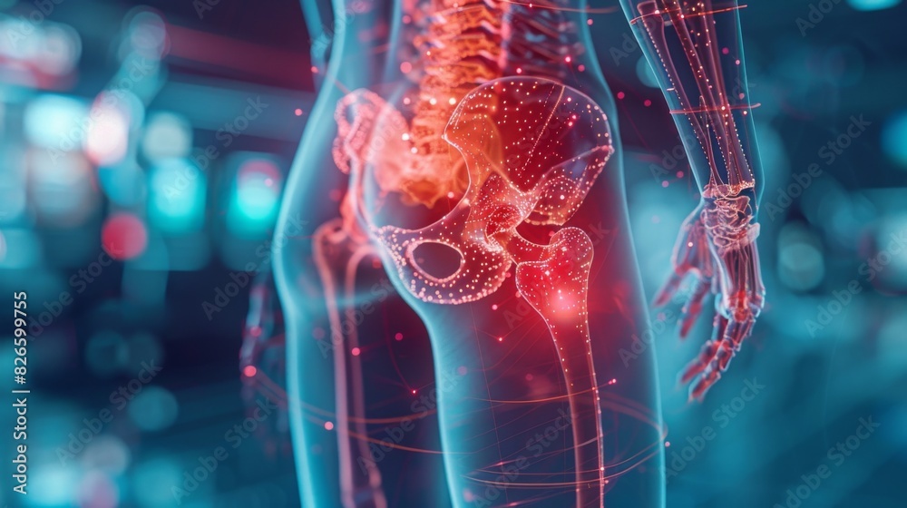 © G.Go - a person hip pain, overlaid with a red hologram and diagram of the hip joint © G.Go - a person hip pain, overlaid with a red hologram and diagram of the hip joint