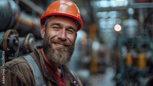 Shot of a handsome young bearded factory worker in uniform holding protective hardhat smiling joyfully to the camera posing