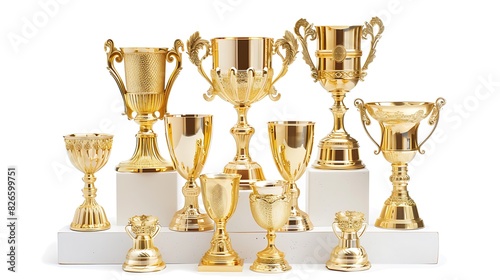 Gleaming gold trophy cups arranged neatly on a white pedestal, symbolizing achievement and excellence.