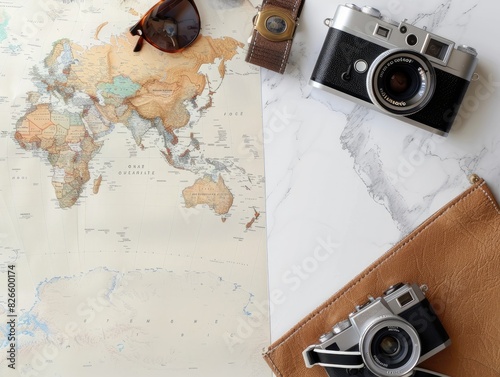 Top view of a travel-themed setup with a map, camera, and sunglasses, space on the side for branding elements