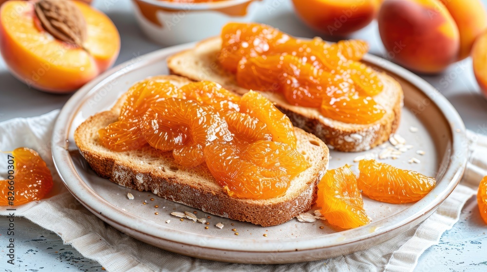 Apricot spread on sliced toast and a combination of apricot and peach on a white tabletop Apricot spread on sliced toast and a combination of apricot and peach on a white tabletop