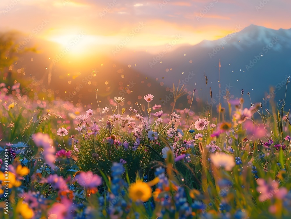 Serene Mountain Meadow at Sunrise with Vibrant Wildflowers and Distant Peaks Bathed in Golden Light