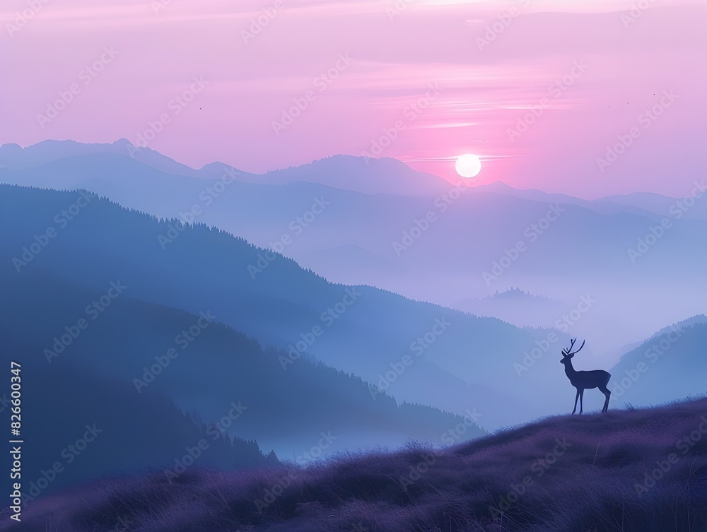 Misty Mountain Serenity at Sunrise with a Lone Deer Silhouette in the Foreground Layers of Fading Peaks and Soft Pastel Skies Create a Dreamlike