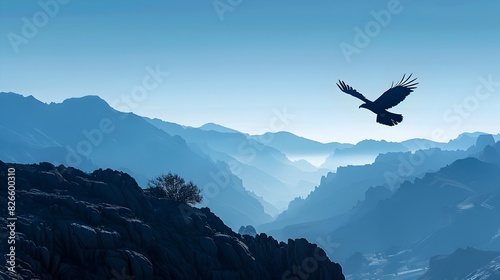 Majestic Eagle Soaring Over Rugged Mountain Landscape with Dramatic Skies and Natural Serenity © Thares2020