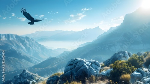 Majestic Eagle Soaring Over Rugged Mountain Landscape with Dramatic Skies and Sparse Vegetation