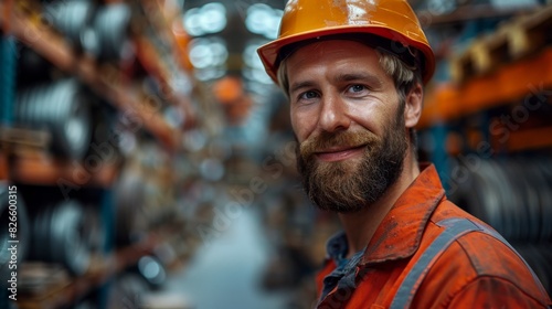 Shot of a handsome young bearded factory worker in uniform holding protective hardhat smiling joyfully to the camera posing © Adi
