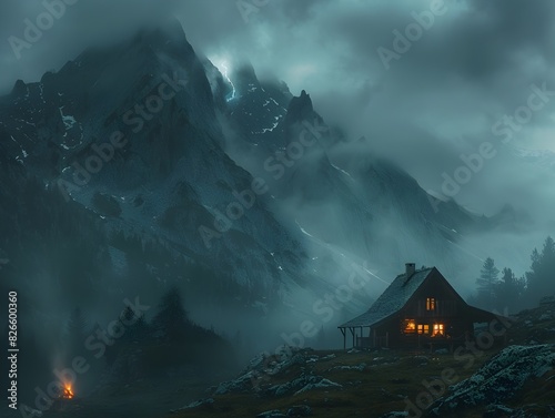 Dramatic Mountainous Landscape with Cozy Cabin Amid Stormy Clouds and Lightning