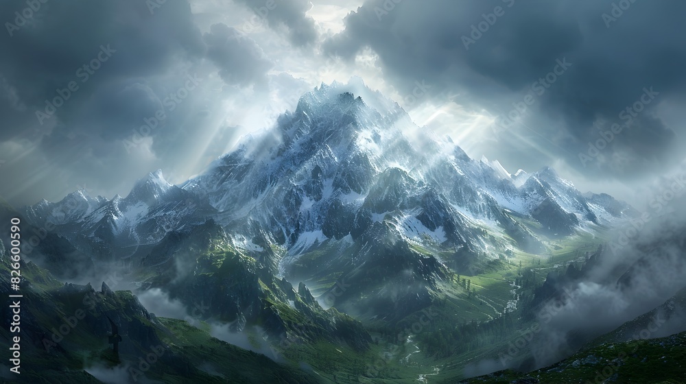 Majestic Peaks Piercing the Stormy Skies Dramatic Mountain Landscape with Sunlight and Clouds